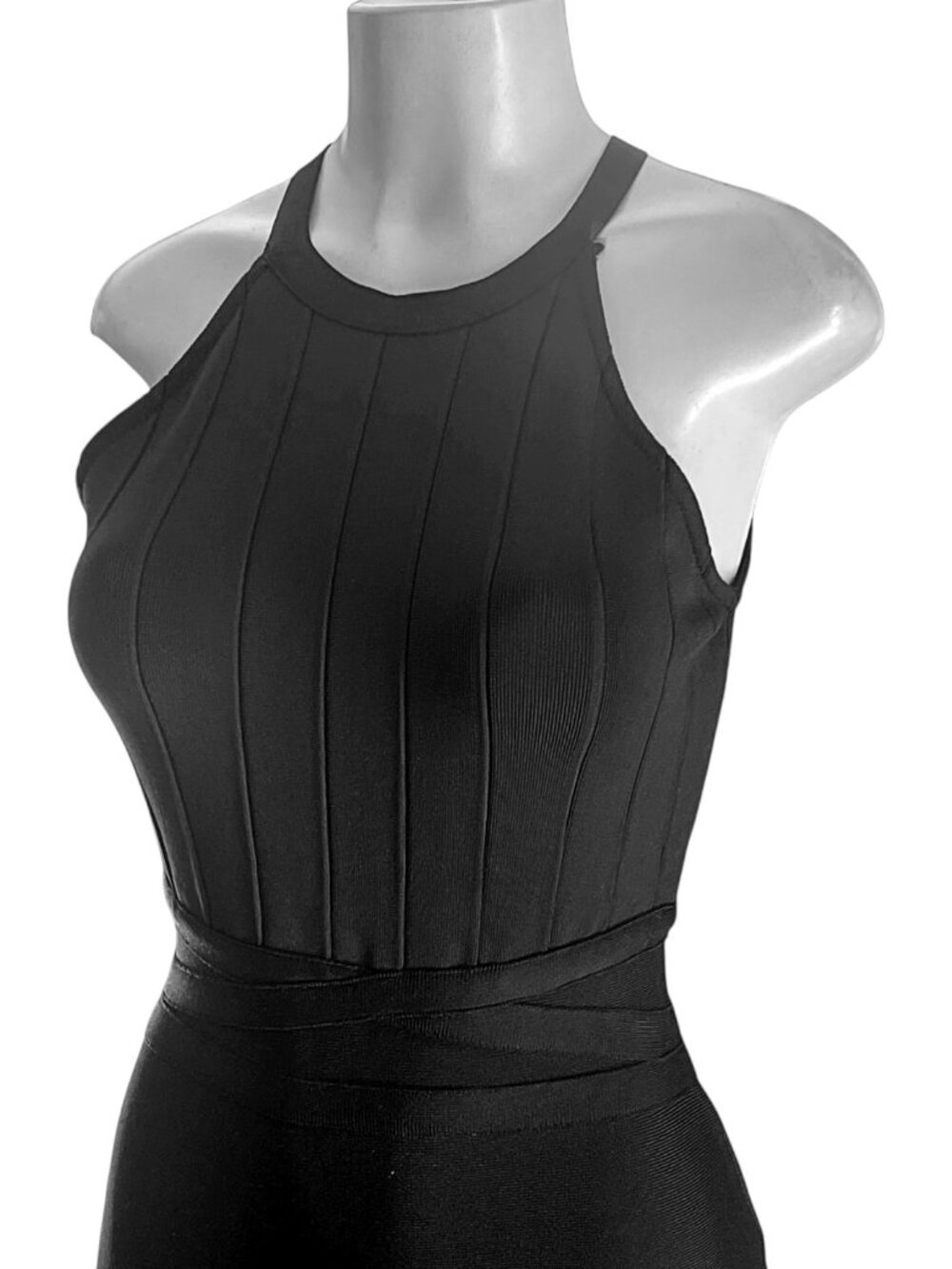 Black Fringe Hem Wrap Waist Halter Bandage Bodycon Midi Dress - Picture 7 of 9